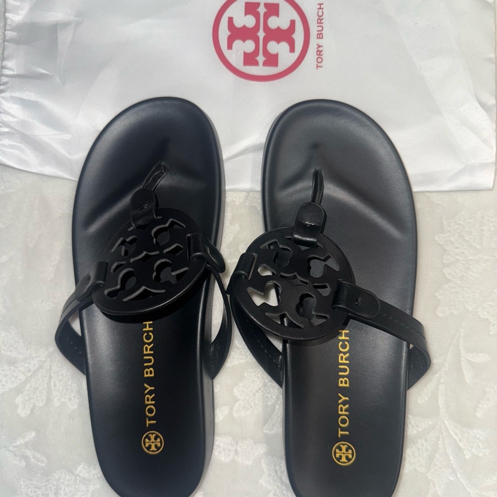 Tory Burch Black Logo Flip Flops